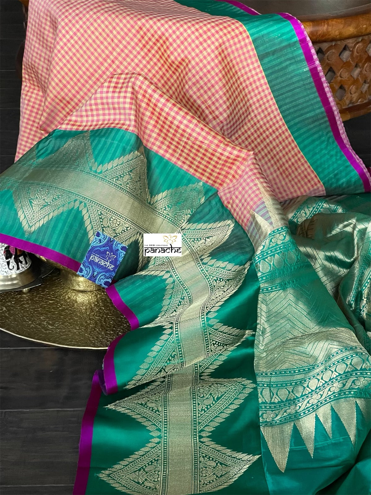 Pure Silk Katan Banarasi - Yellow Sea Green Checkered