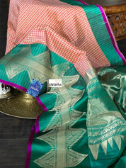 Pure Silk Katan Banarasi - Yellow Sea Green Checkered