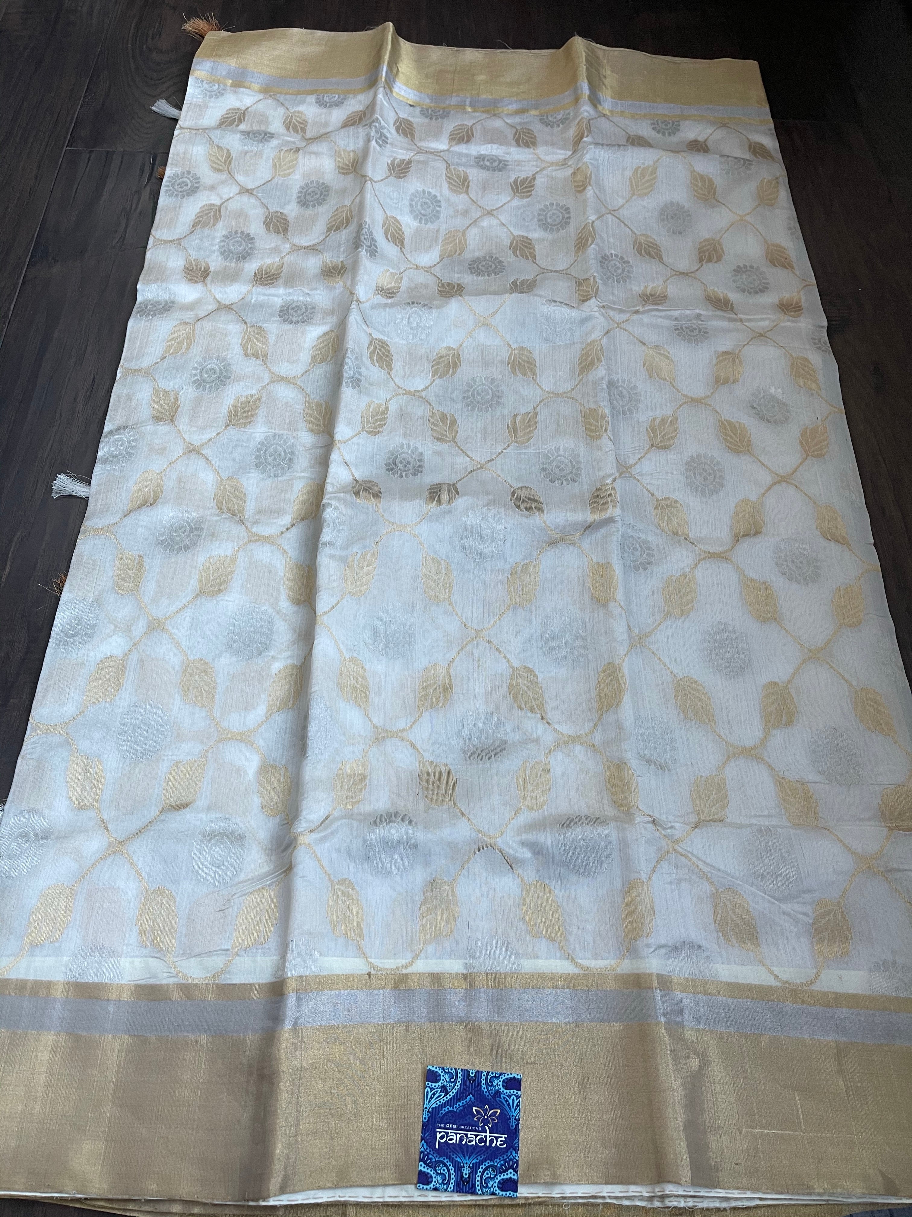 Pure Chanderi Pattu Silk - Off White Jaal woven
