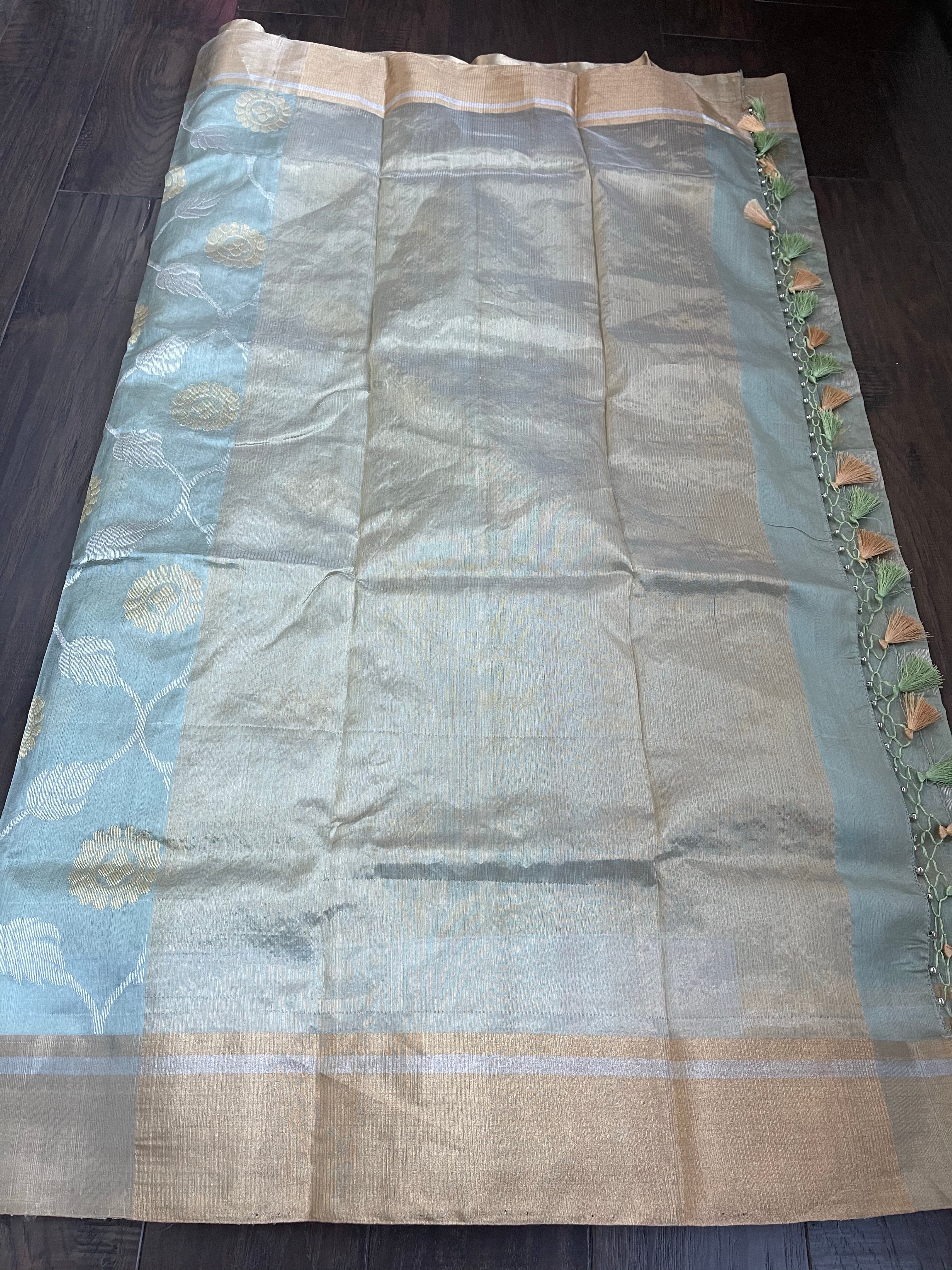 Pure Chanderi Patti Silk - Metallic Sea Green Jaal woven