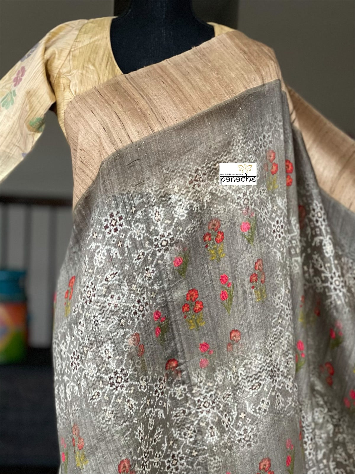 Pure Gicha Tussar Silk - Light Moss Grey Digital Printed