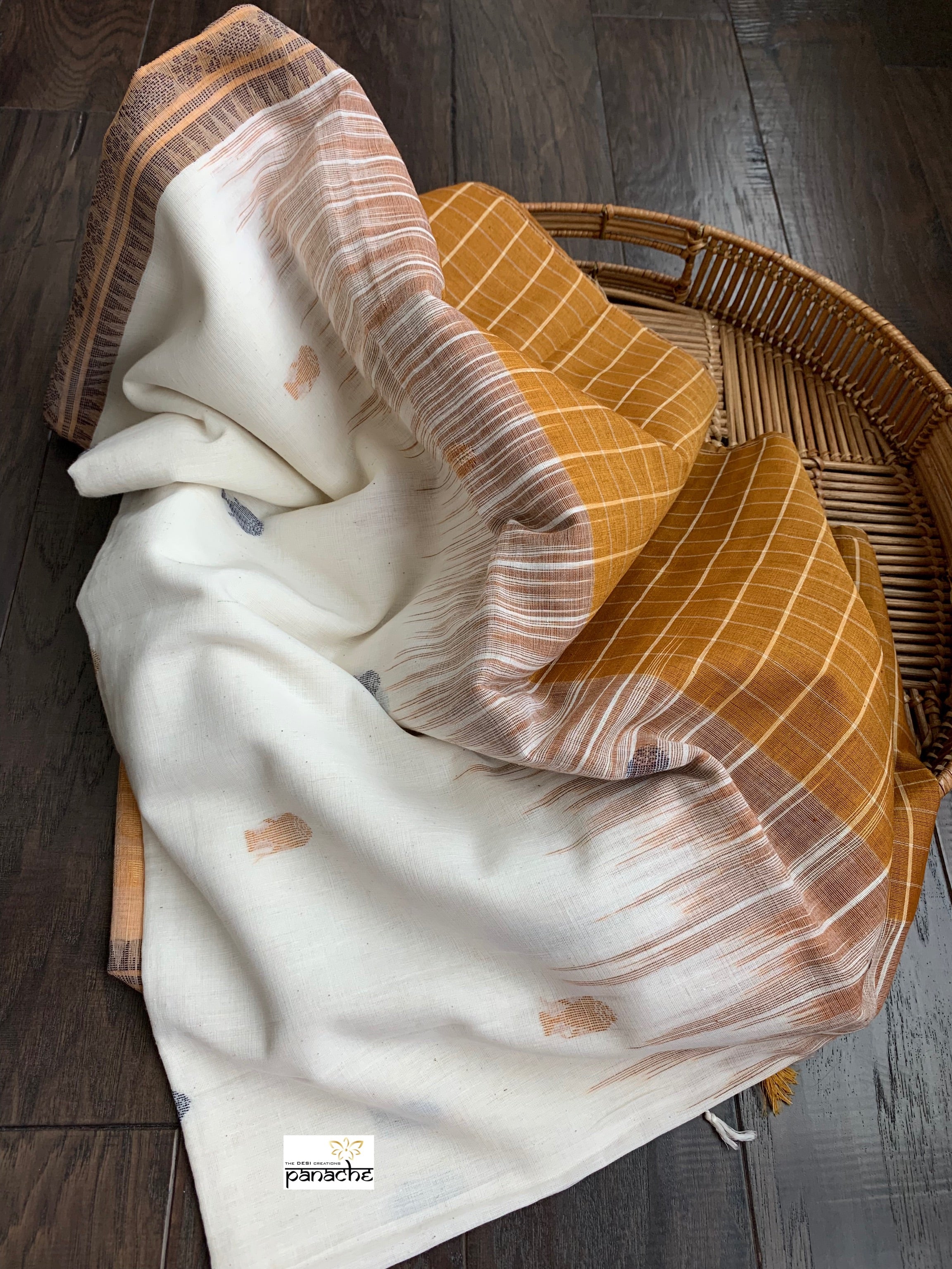 Pure Khadi Cotton Handloom - Off-White Ochre Yellow Woven