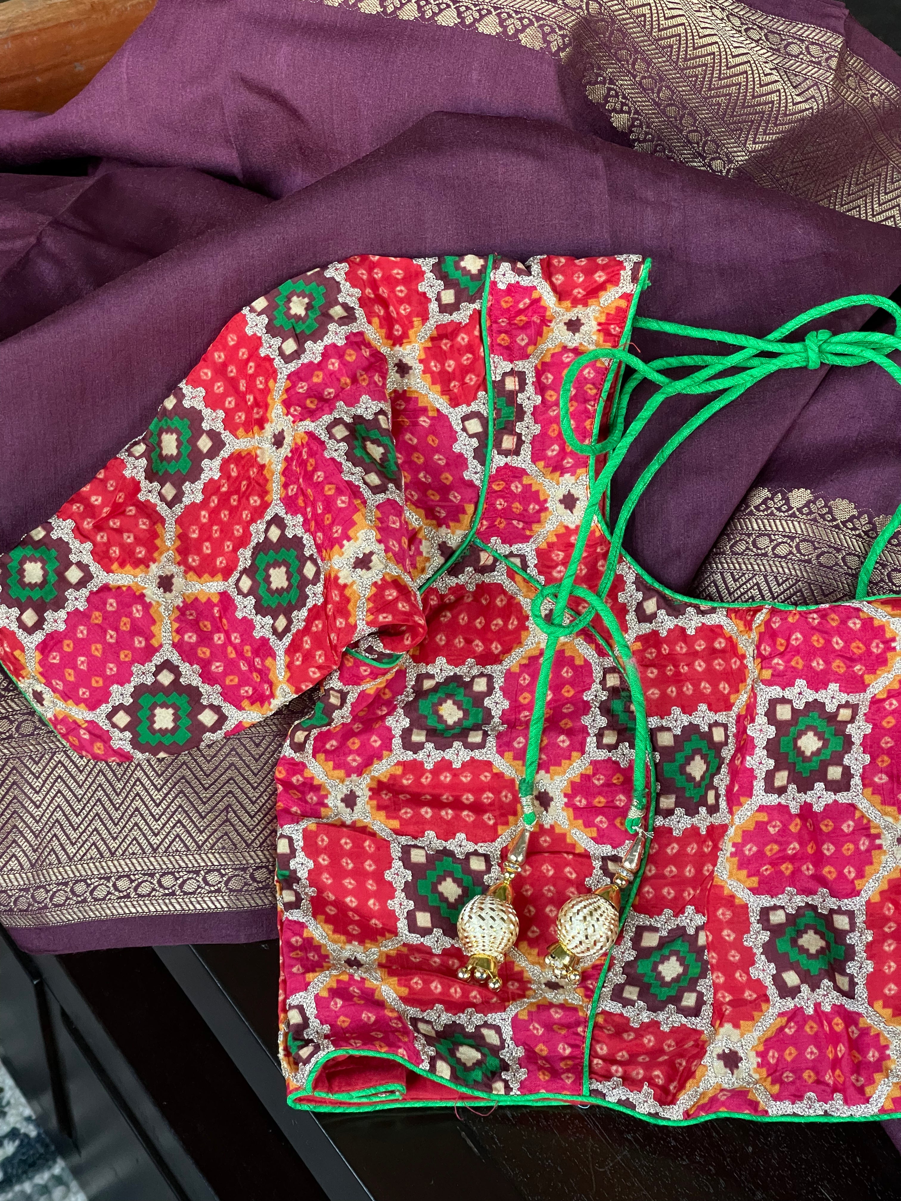 Designer Blouse - Orange Red Green Woven