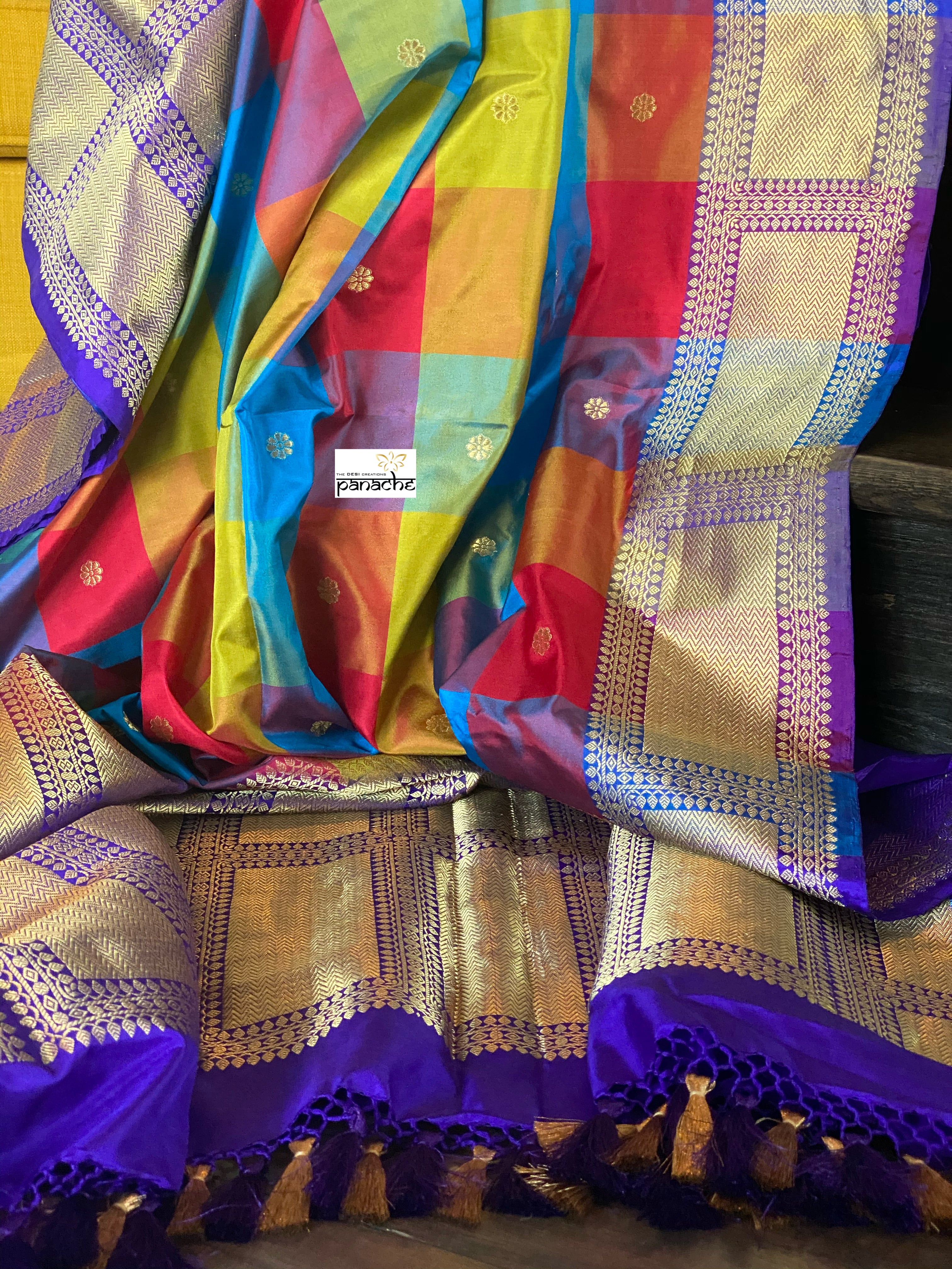 Pure Katan Silk Banarasi - Multi Color Purple Kadwa