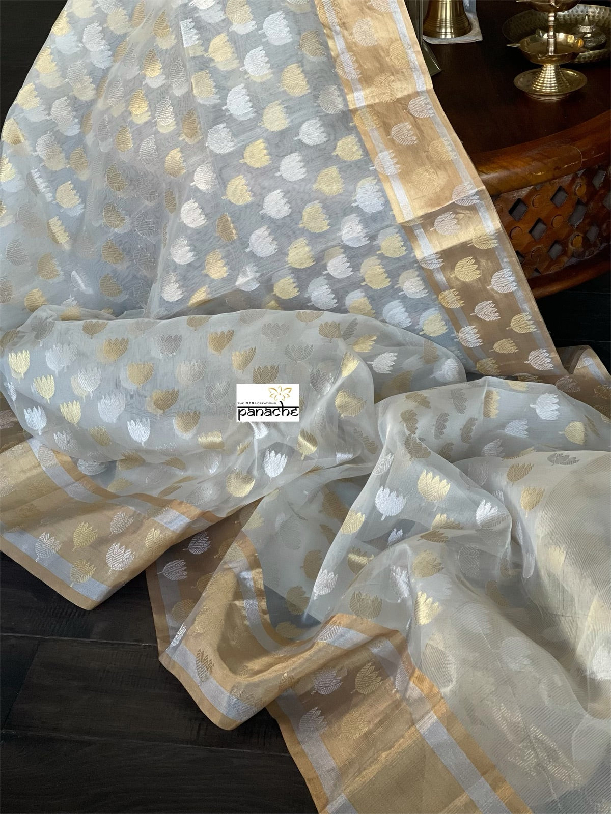 Pure Chanderi Organza Silk - Off White Eknaliya Lotus Woven