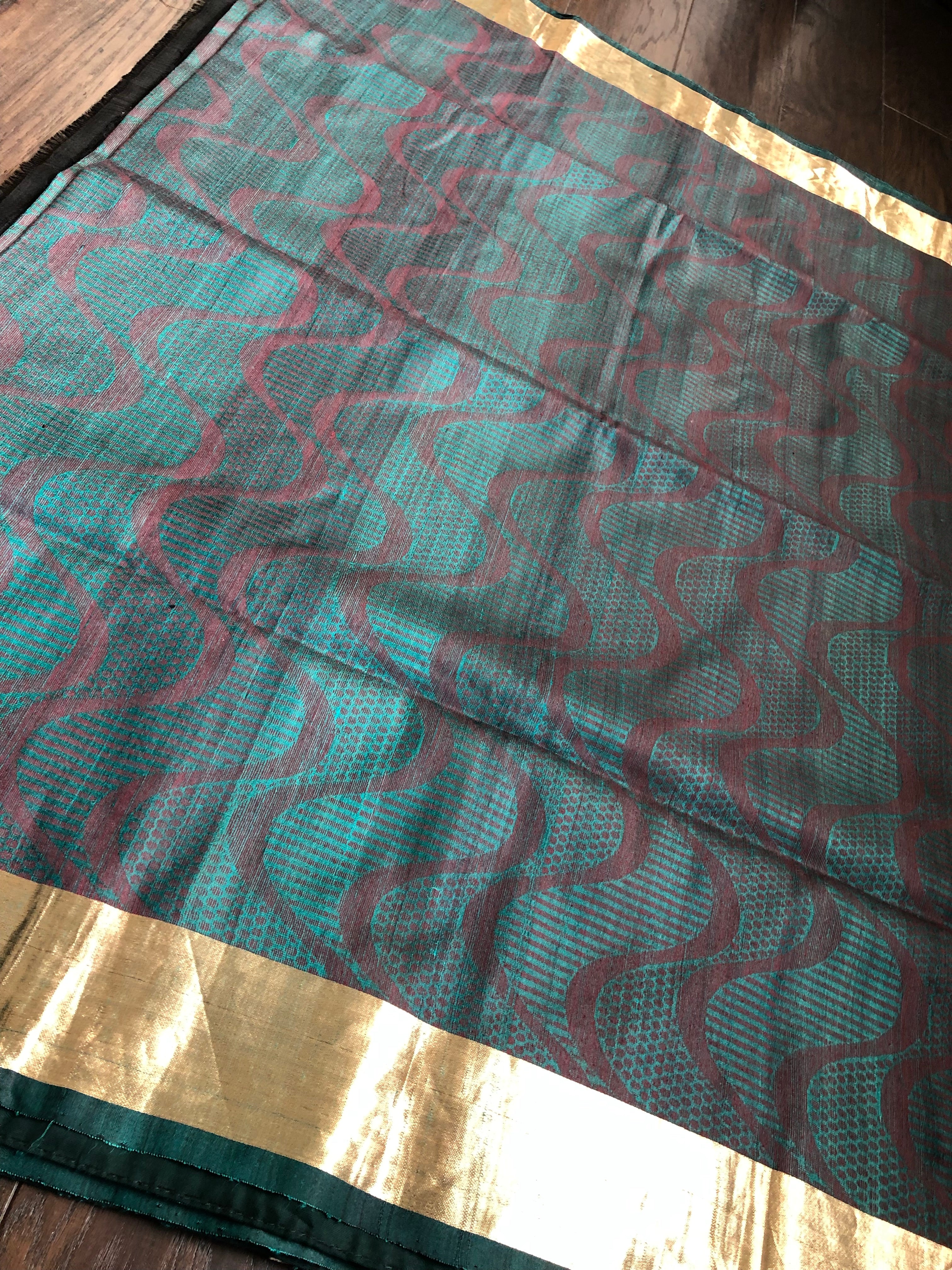 Tussar Silk Banarasi - Black Teal Woven