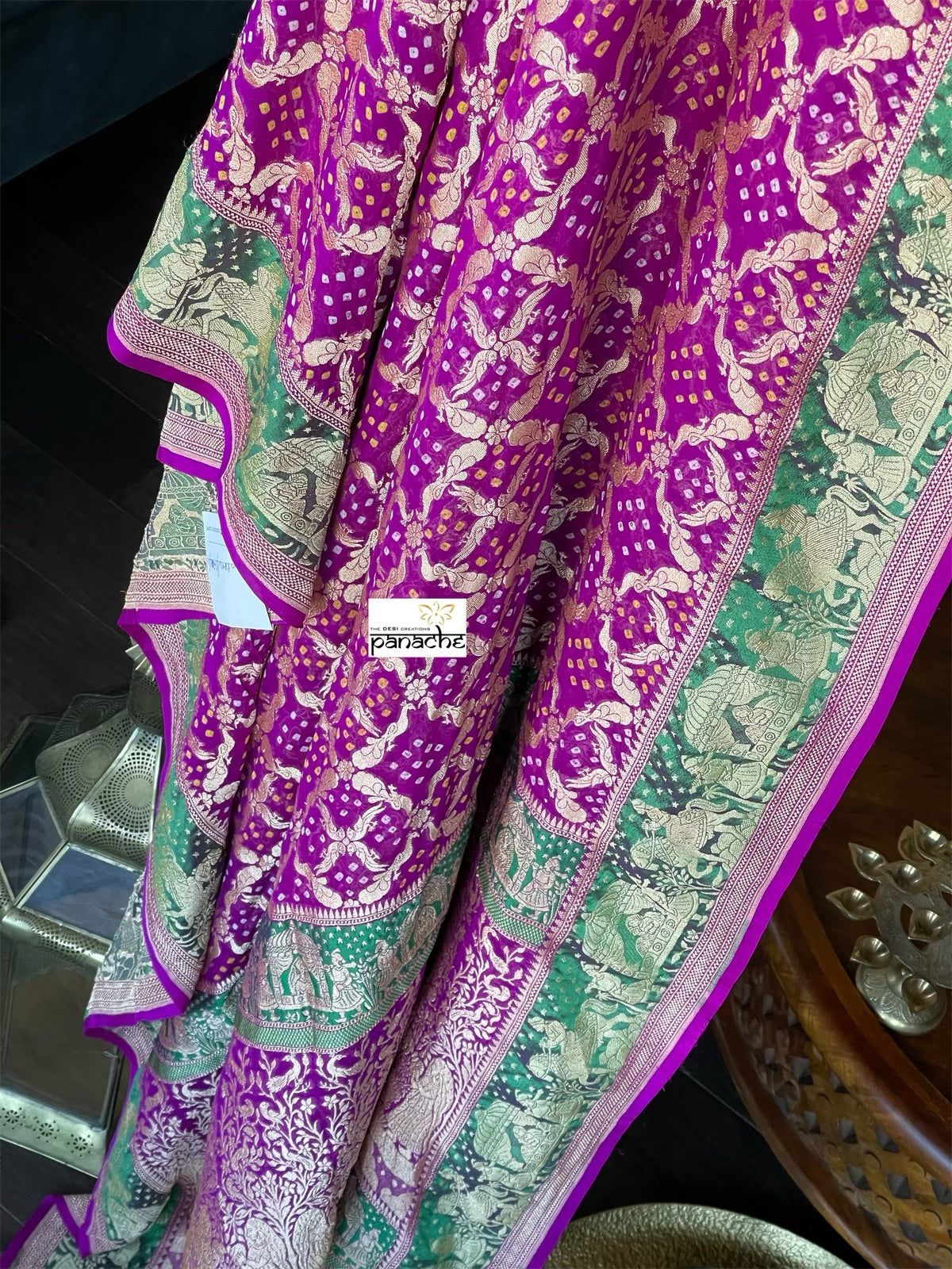 Bandhej Khaddi Georgette Banarasi - Purple Green