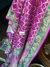 Bandhej Khaddi Georgette Banarasi - Purple Green