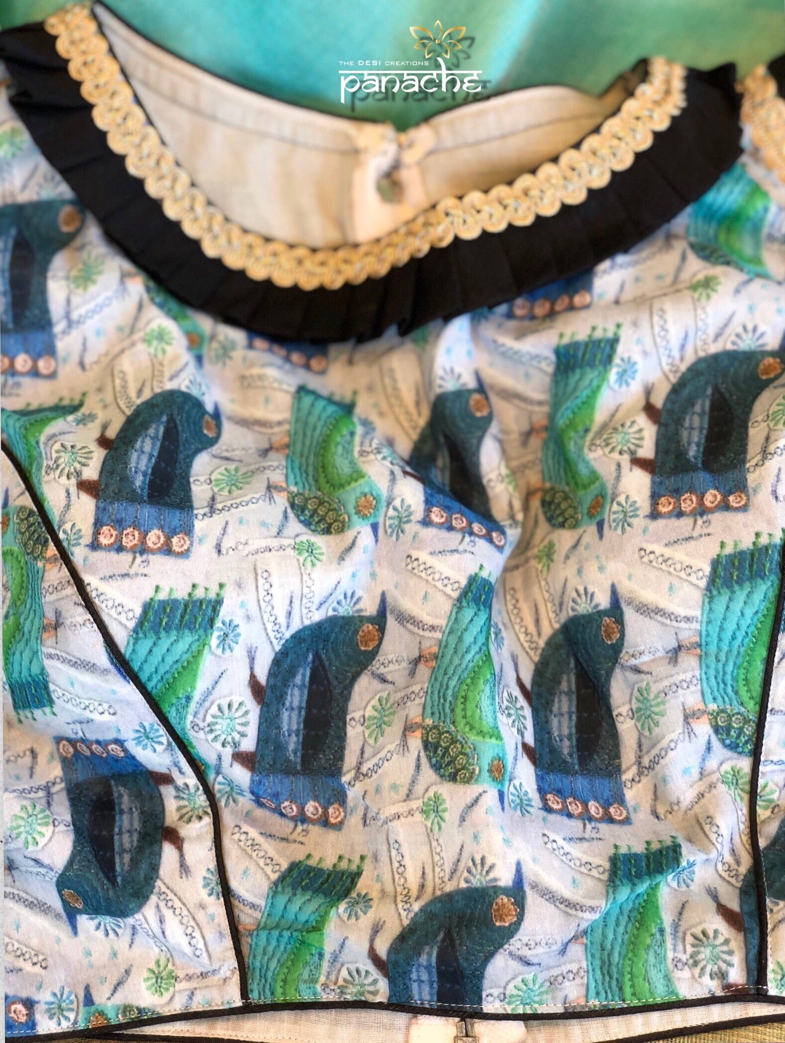 Designer Blouse - Sea Green Bird Design
