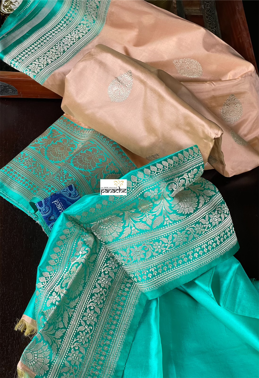 Pure Katan Silk Banarasi - Peach Sea-Green