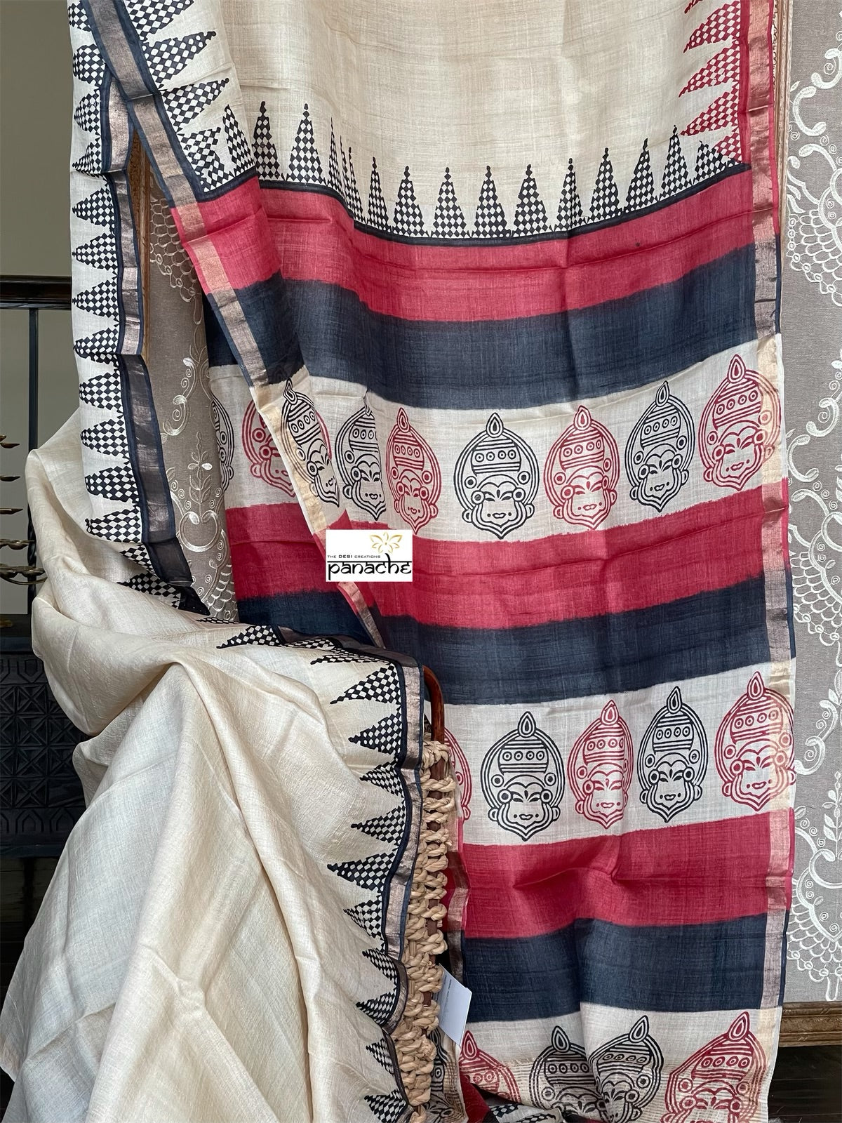 Pure Tussar Silk Printed -  Beige Red Black