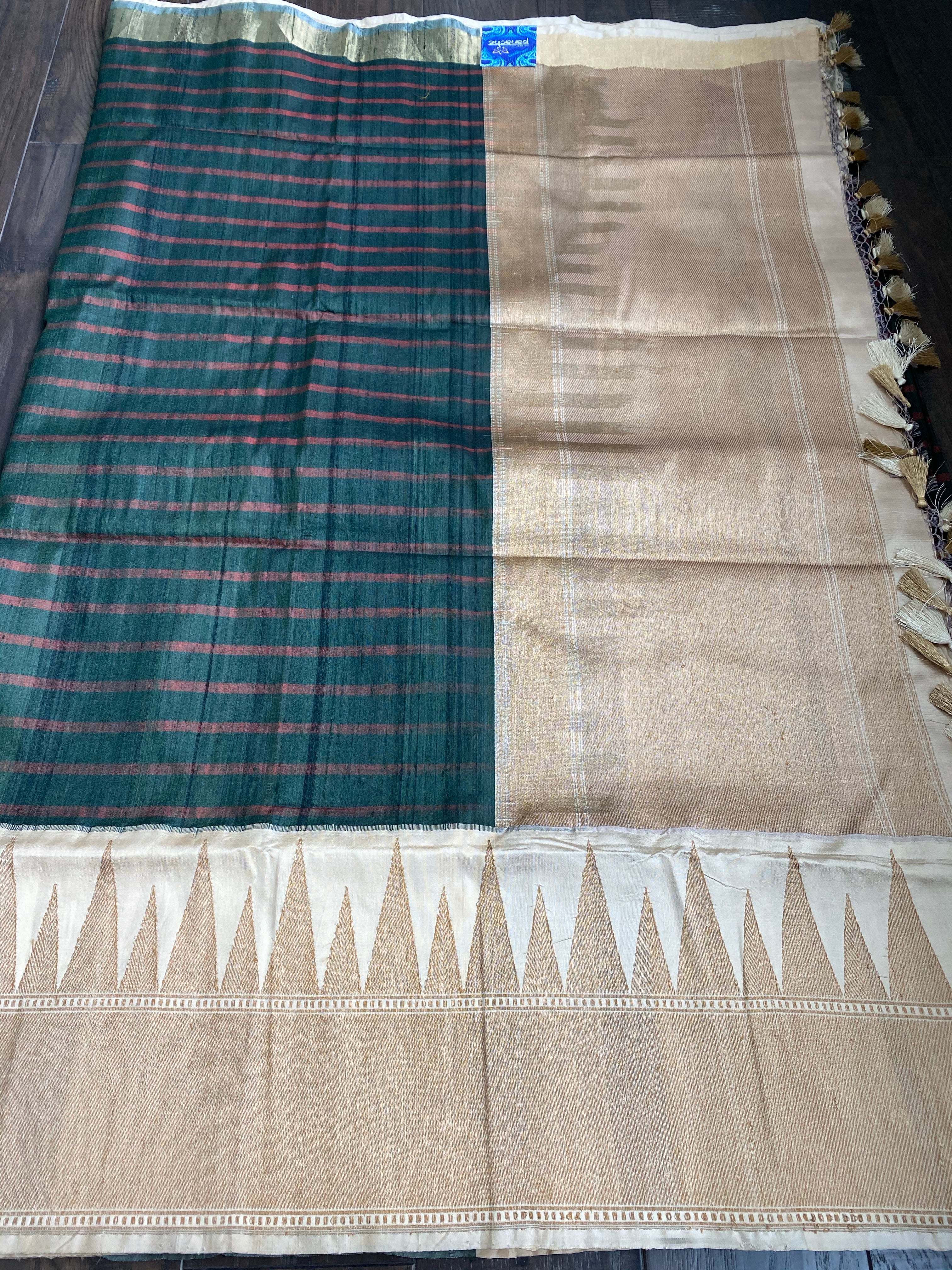 Pure Tassur Silk Banarasi - Dark Black Avocado Green Striped