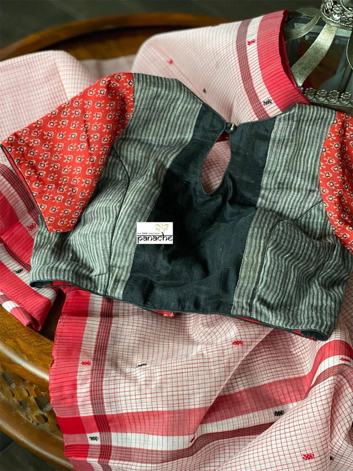 Pure Chanderi Organza Silk - Off White Red Checkered