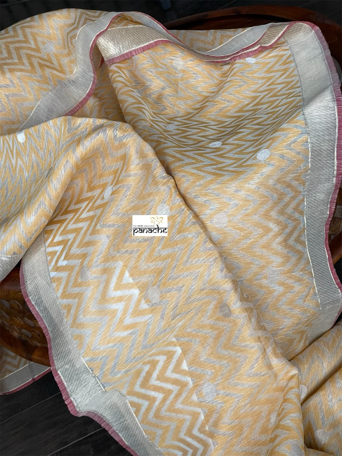 Linen By Kora Silk Banarsi - Off White Yellow Chevron
