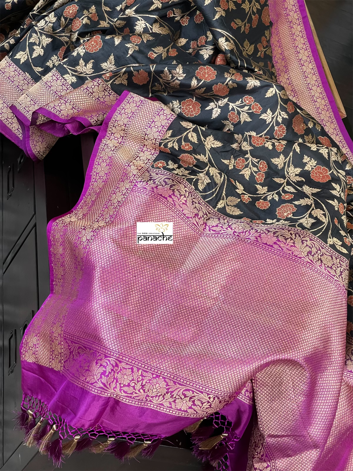 Pure Silk Jangla Banarasi - Black Magenta Purple Antique Golden Zari