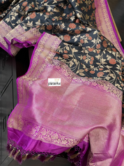 Pure Silk Jangla Banarasi - Black Magenta Purple Antique Golden Zari