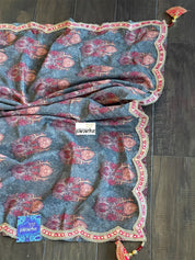 Designer Jute Silk - Grey Orange Printed