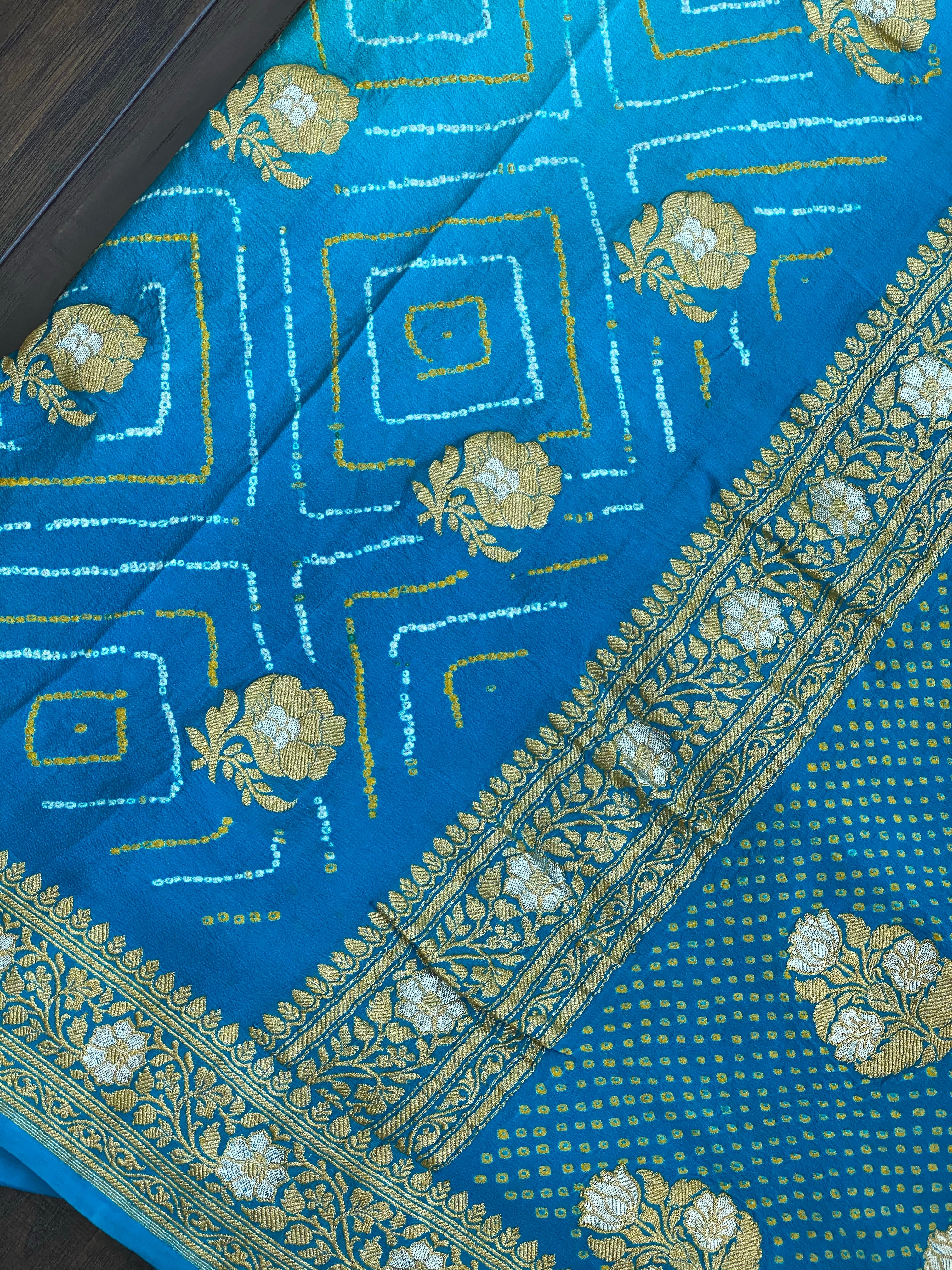 Bandhej Khaddi Georgette Banarasi - Firozi Sea Green Kadwa
