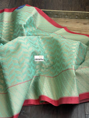 Cotton Silk Banaras Chanderi - Sea-Green Red Woven