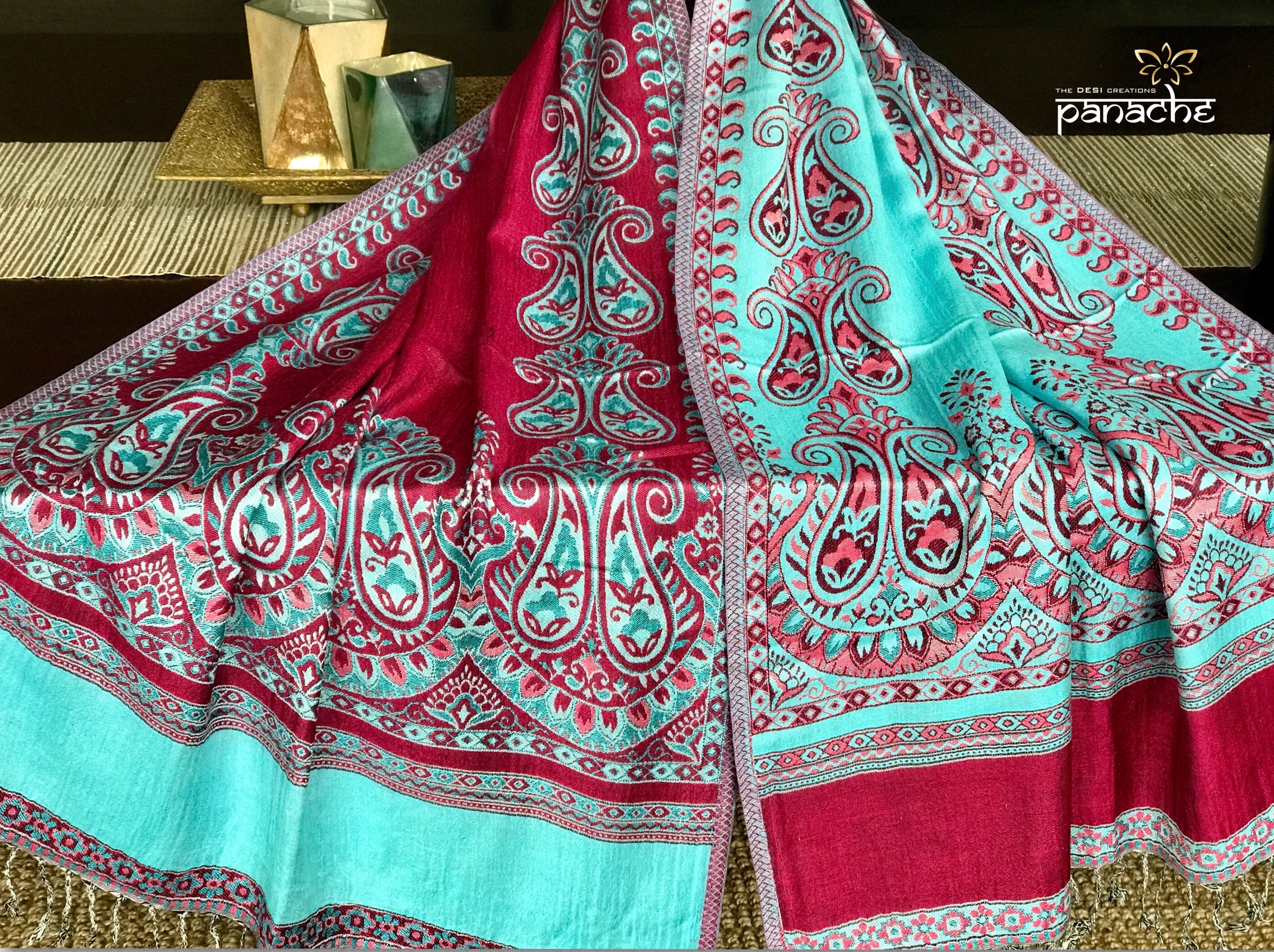 Jamavar Wool Stole - Aqua Blue Maroon Reversible