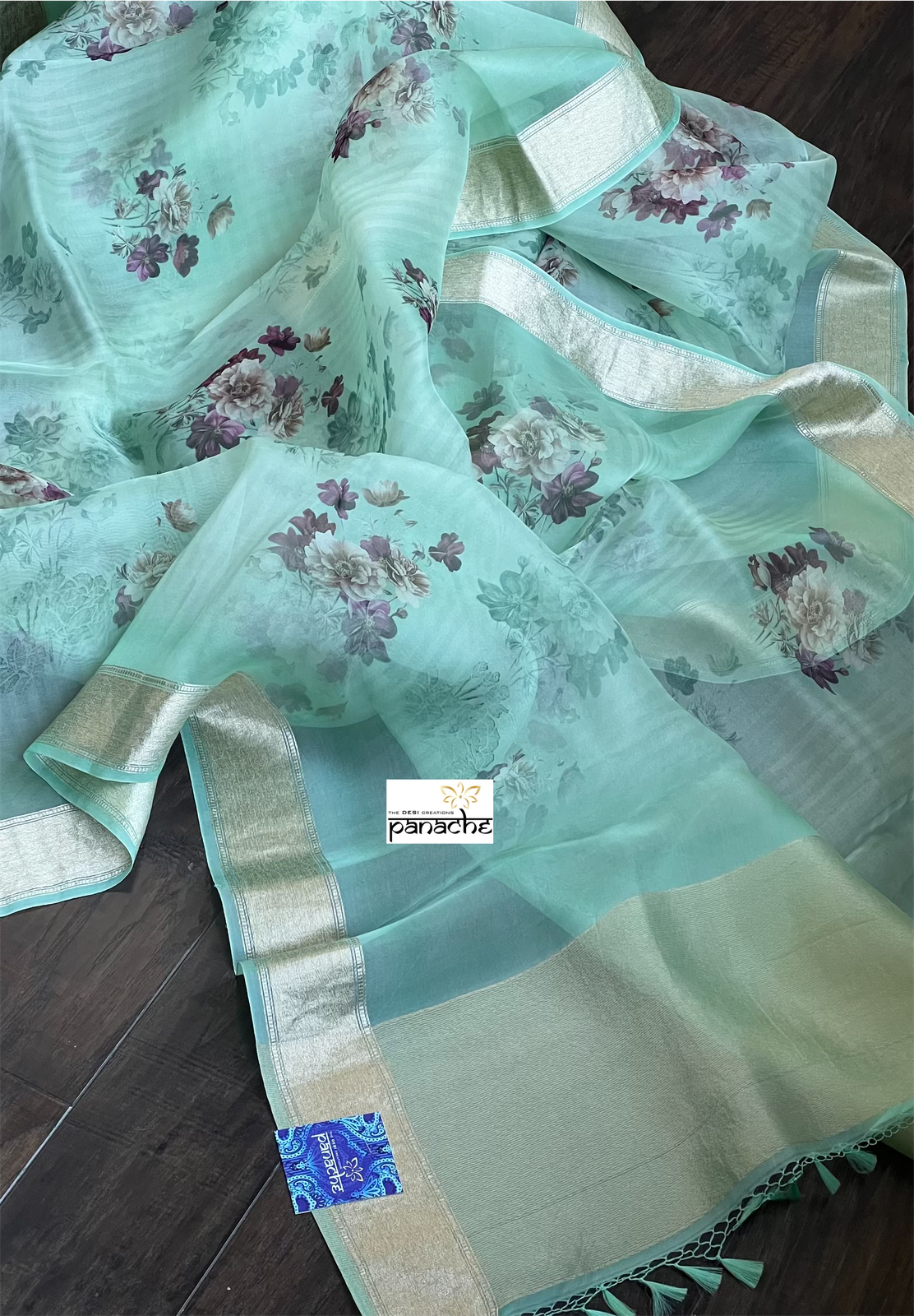 Banarasi Organza Floral - Mint Antique Golden Zari