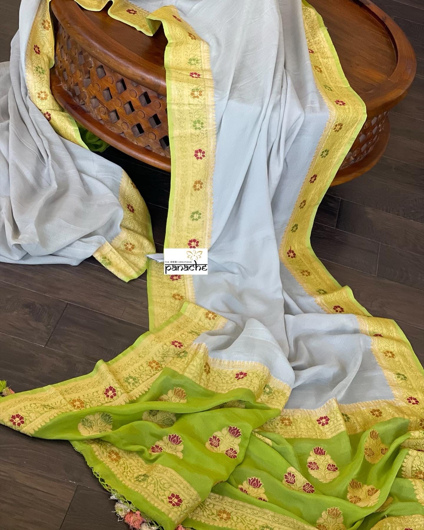 Khaddi Georgette Banarasi - Grey Green Meenakari