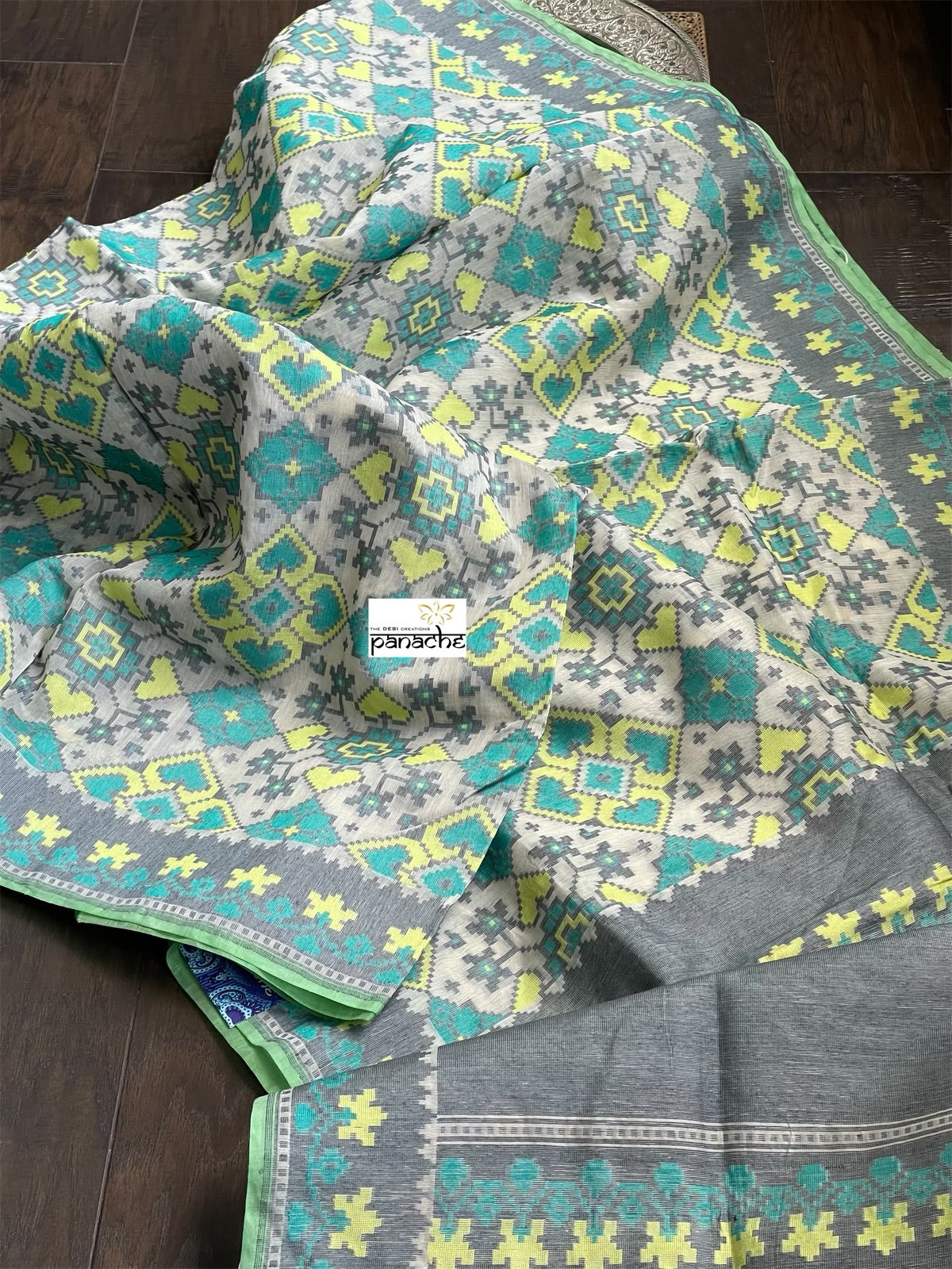 Pure Silk Cotton Kora Patola Banarasi - Offwhite Grey Green Woven