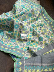 Pure Silk Cotton Kora Patola Banarasi - Offwhite Grey Green Woven