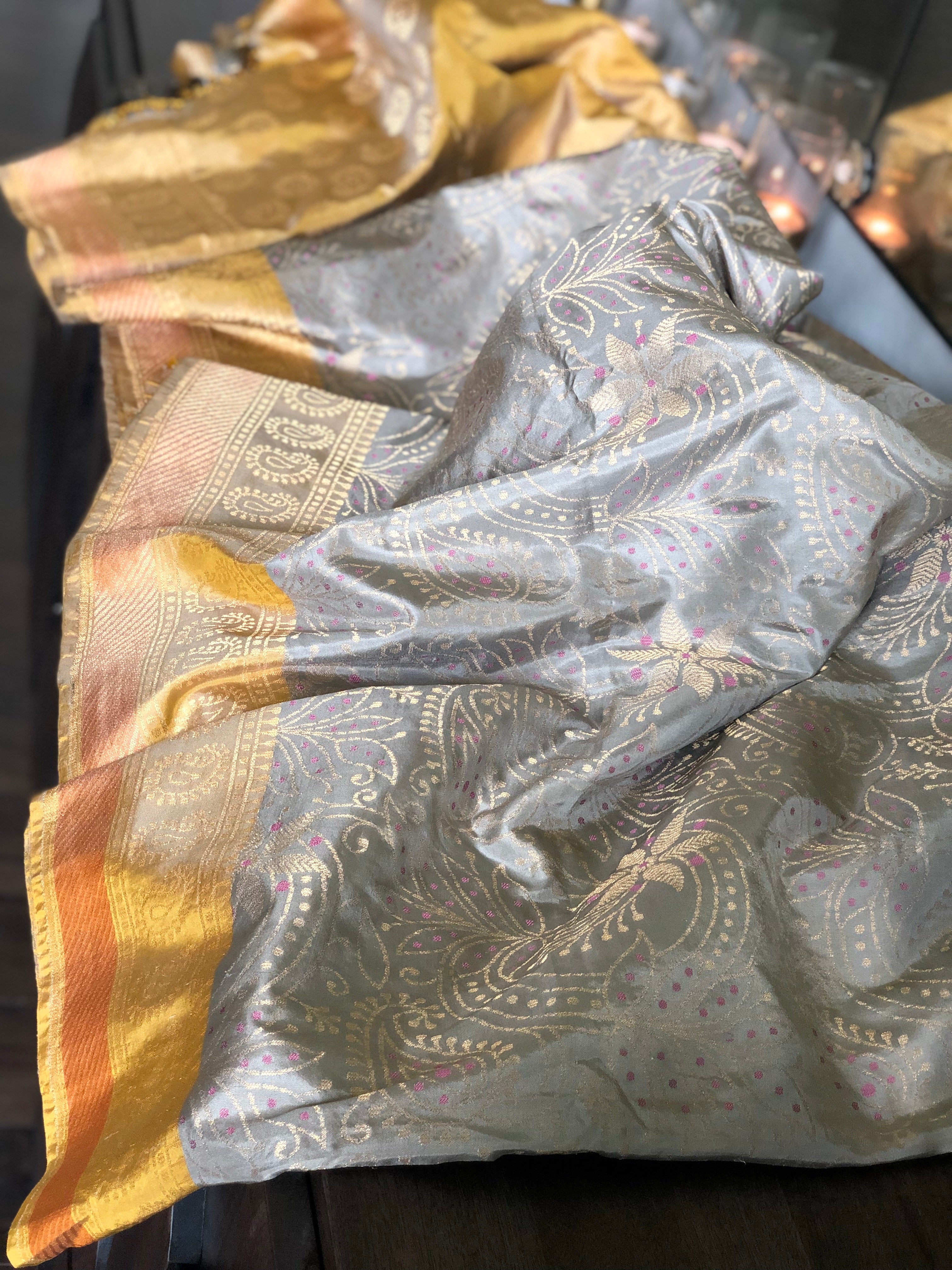 Katan Silk Banarasi - Grey Ochre Yellow