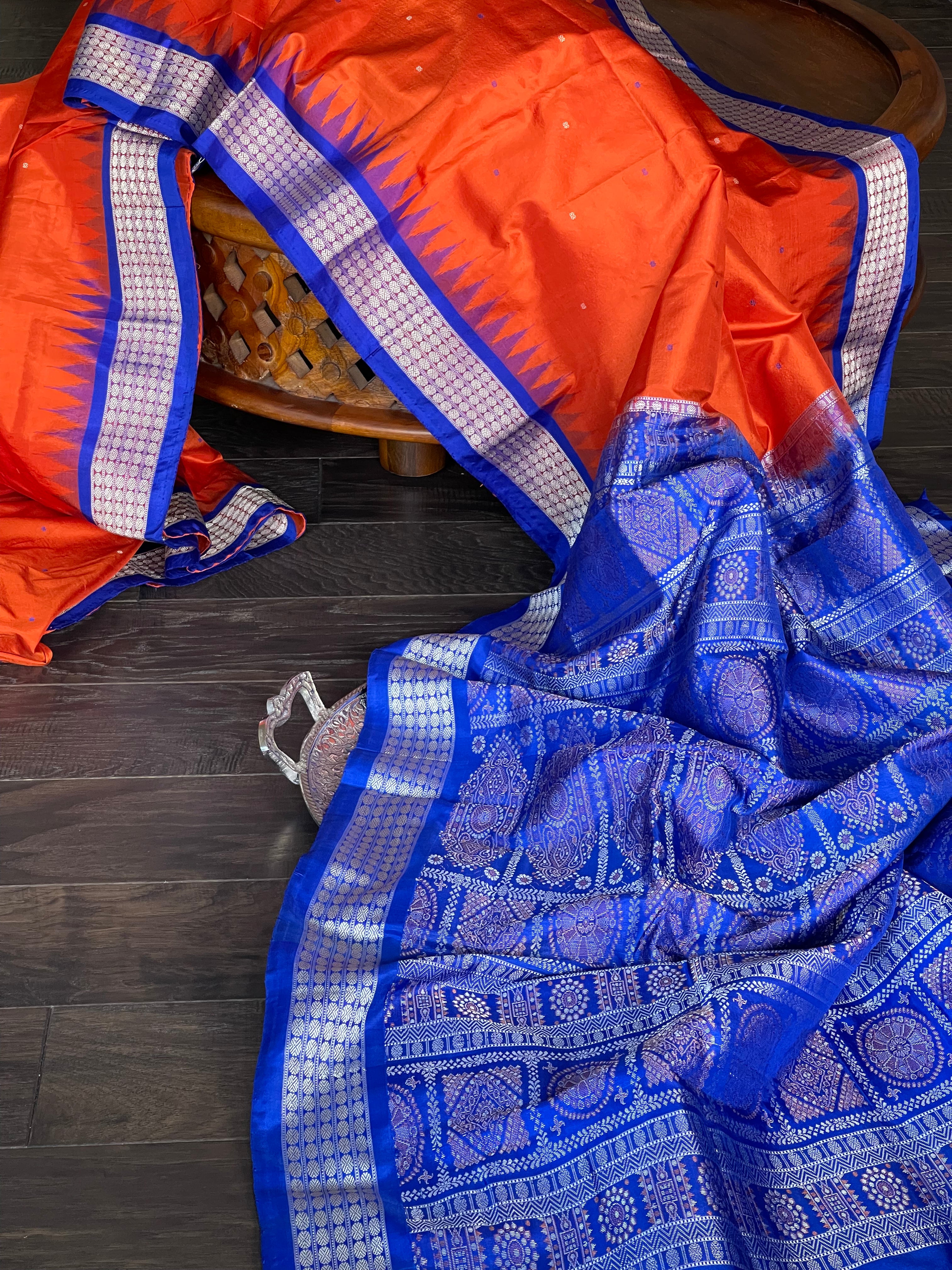 Pure Silk Bomkai - Orange Royal Blue