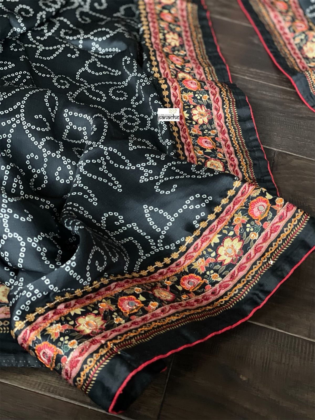 Satin Maslin Designer Inspired Drape - Black Bandhej Printed