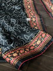 Satin Maslin Designer Inspired Drape - Black Bandhej Printed