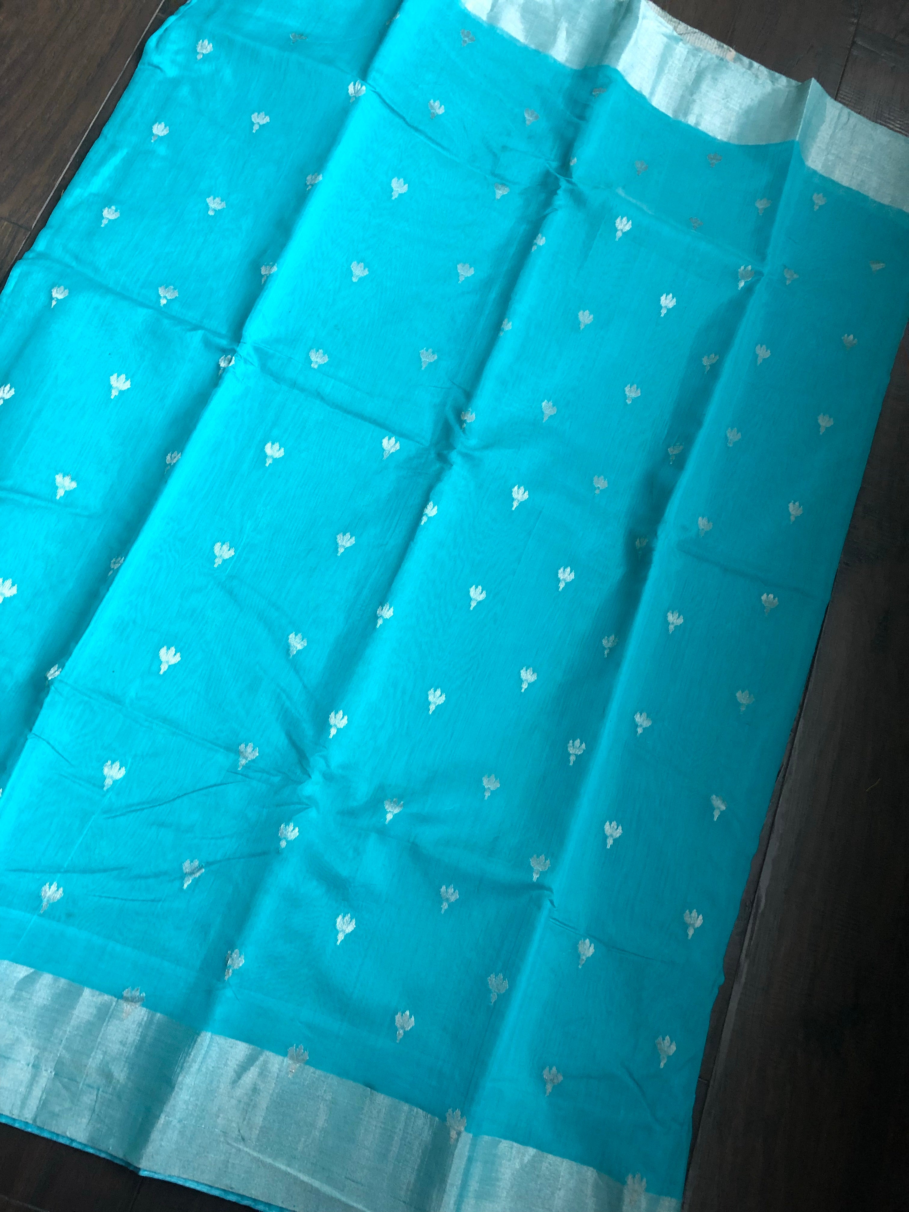 Chanderi Silk Cotton - Firozi Silver Zari