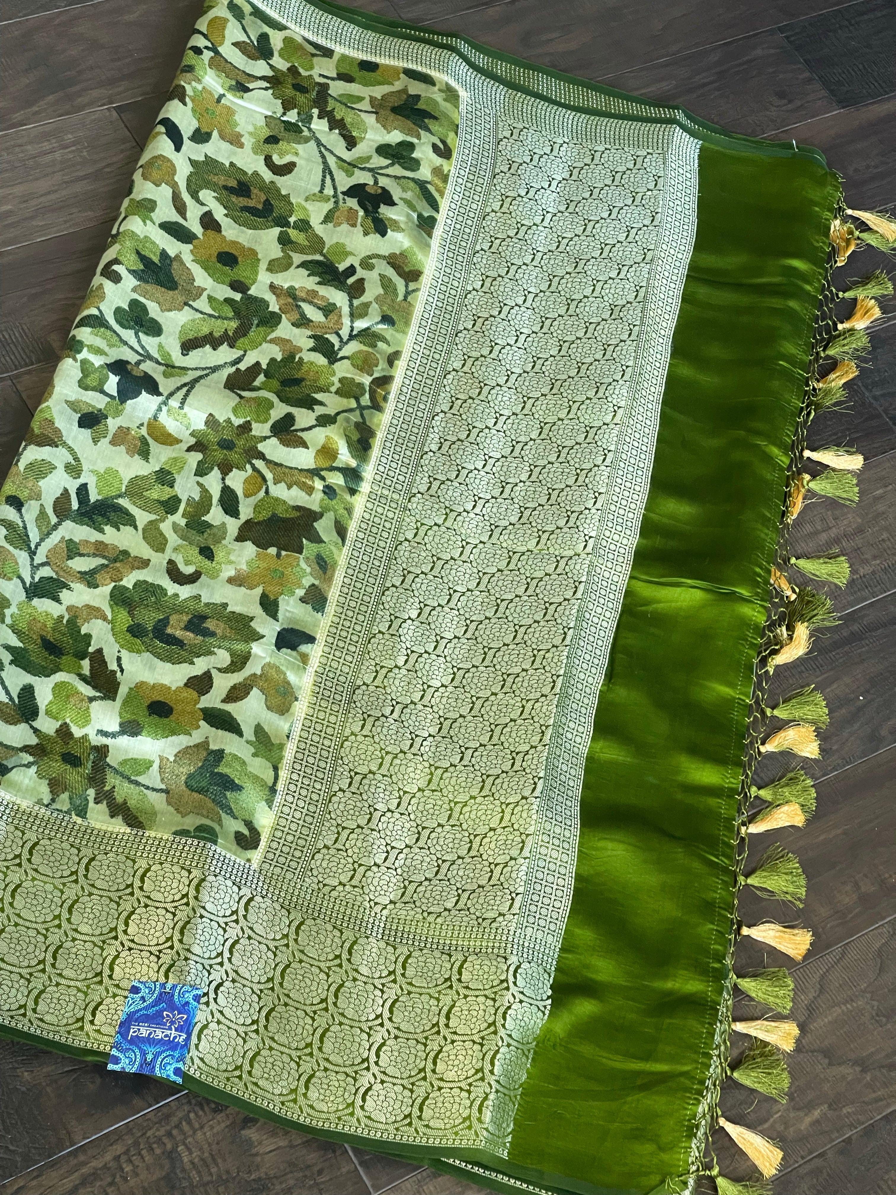 Chiniya Silk Banarasi - Green Pashmina Printed
