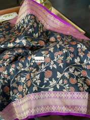 Pure Silk Jangla Banarasi - Black Magenta Purple Antique Golden Zari