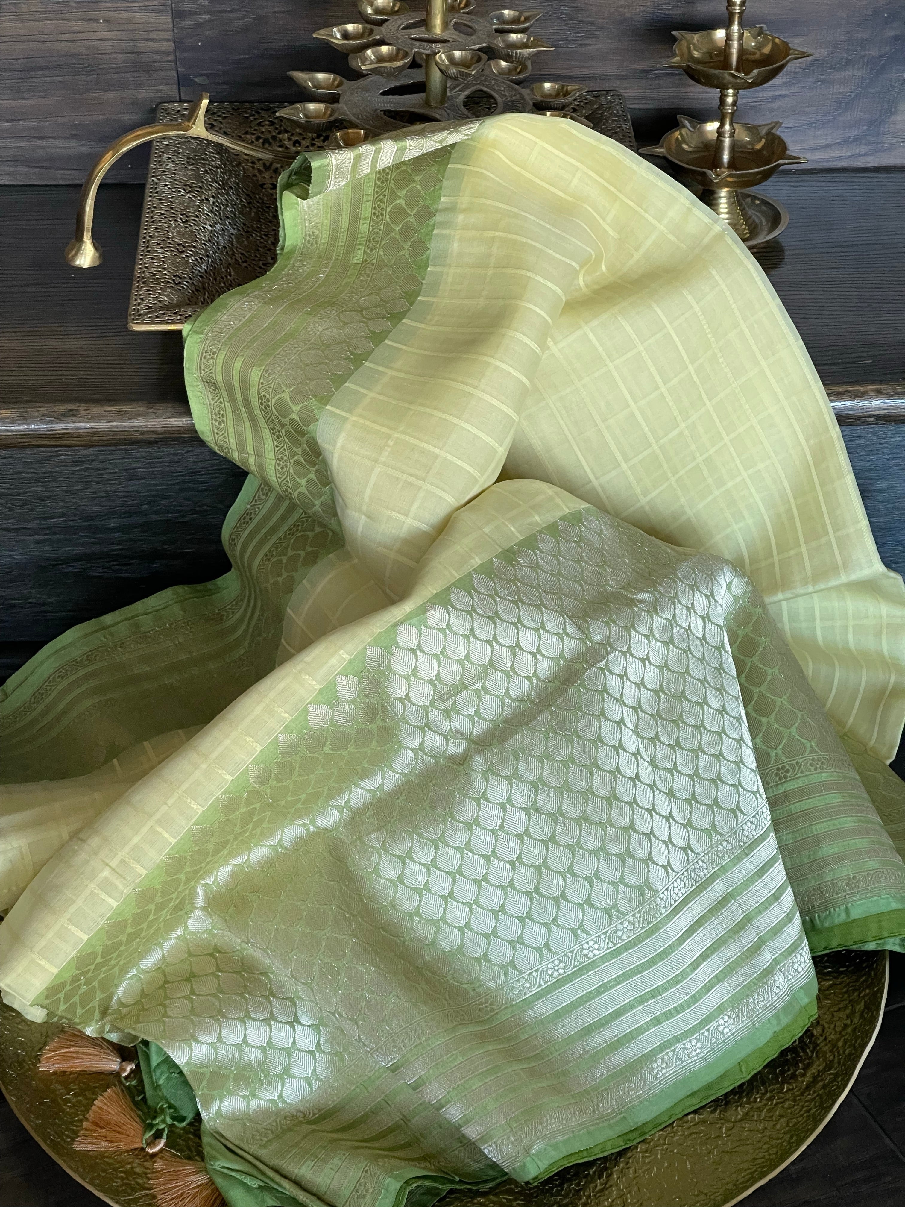 Organza Silk Banarasi - Light Lemon Yellow Green Kadwa woven