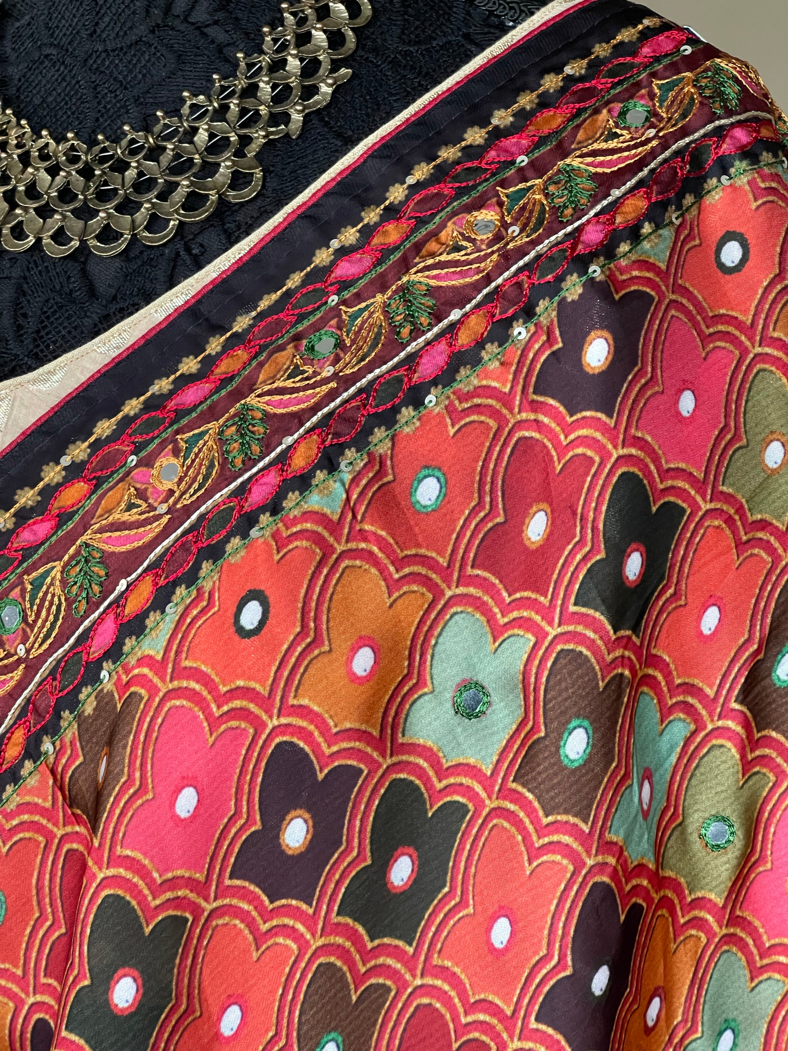 Designer Satin Georgette Silk - Brown Rust Multi Color