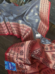 Tussar Georgette Banarasi- Grey Maroon Black