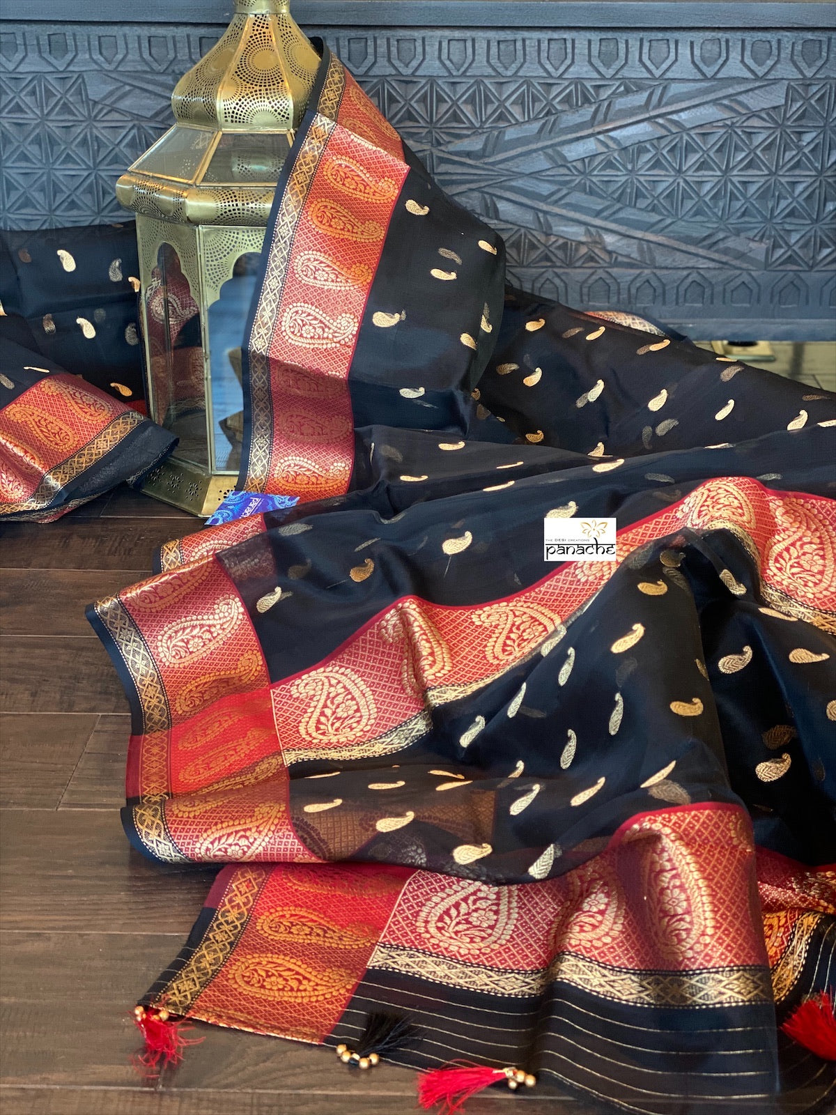 Pure Chanderi Organza Silk - Black Paisley