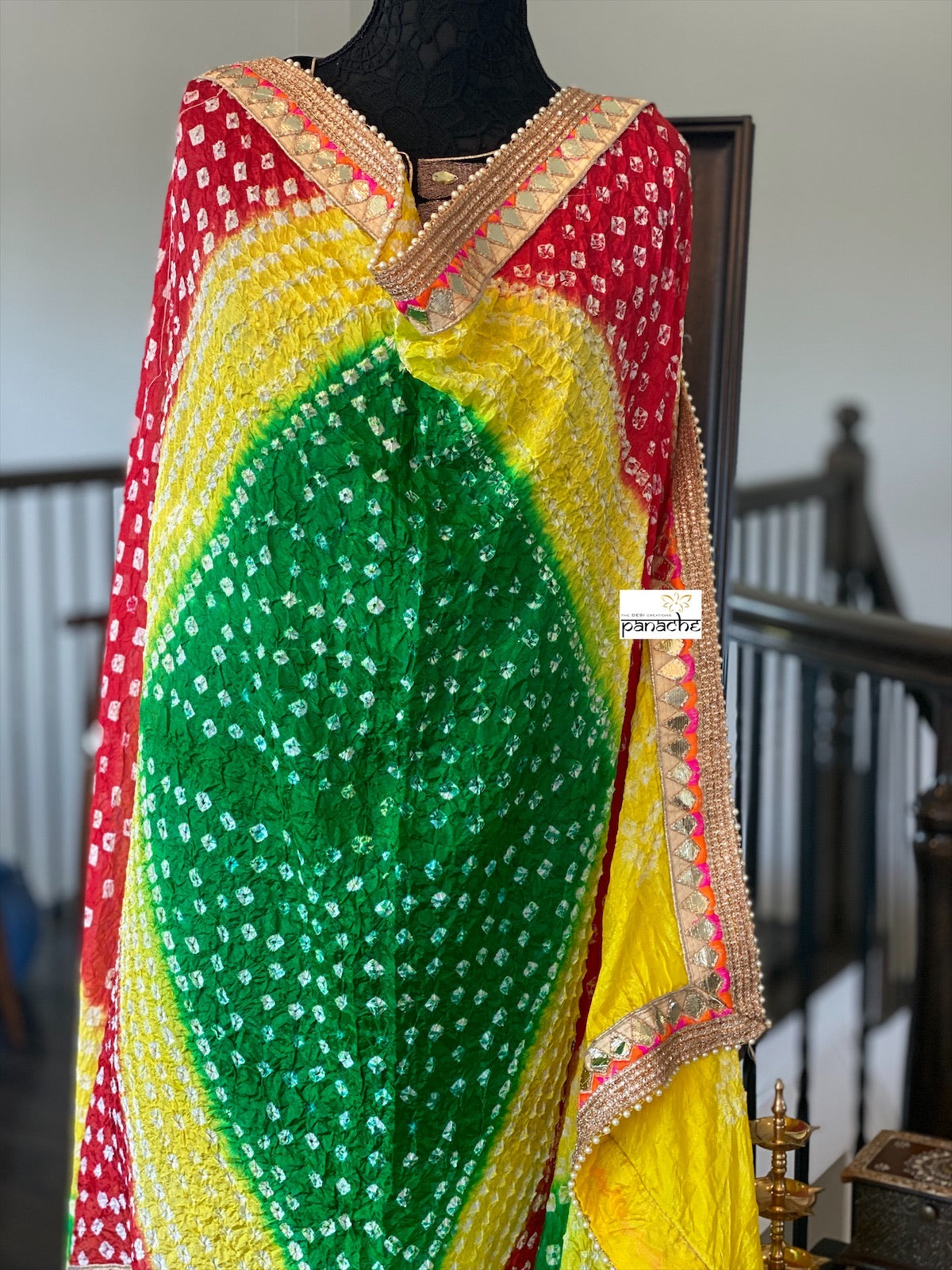 Bandhej Dupatta - Yellow Green Red