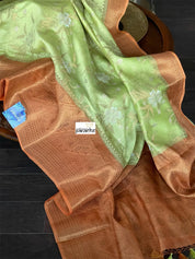 Mulmul Tissue Cotton Banarasi - Pista Green Orange Golden Zari