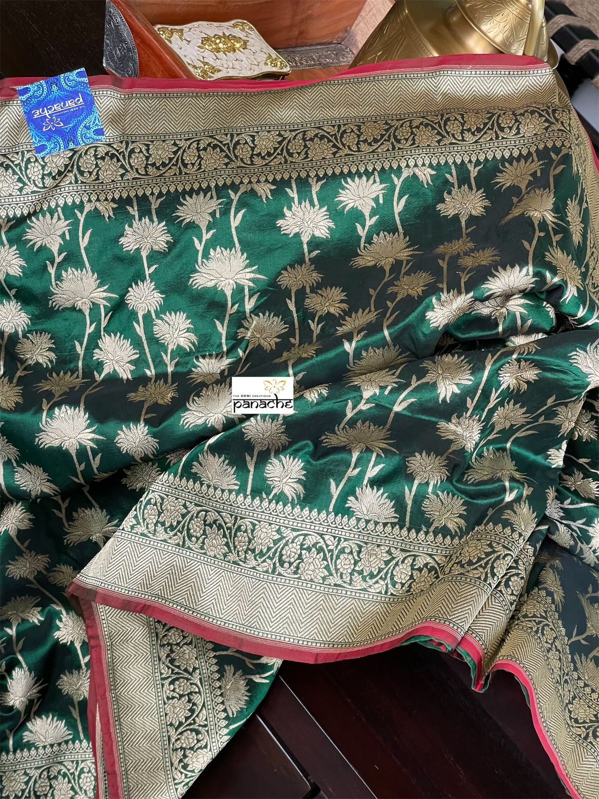 Pure Silk Banarasi - Green Red Antique Golden Zari