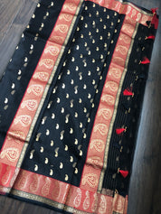 Pure Chanderi Organza Silk - Black Paisley