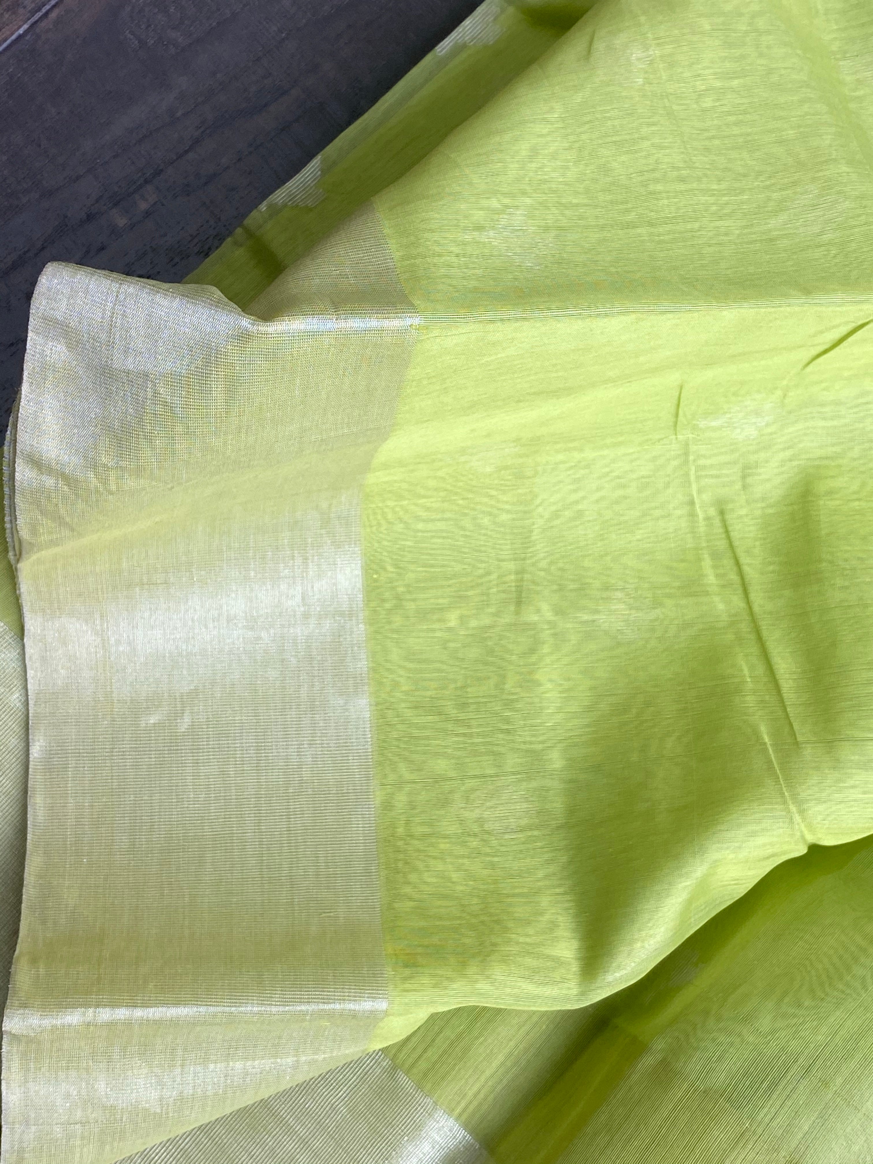 Chanderi Silk Cotton - Pista Green Silver Zari