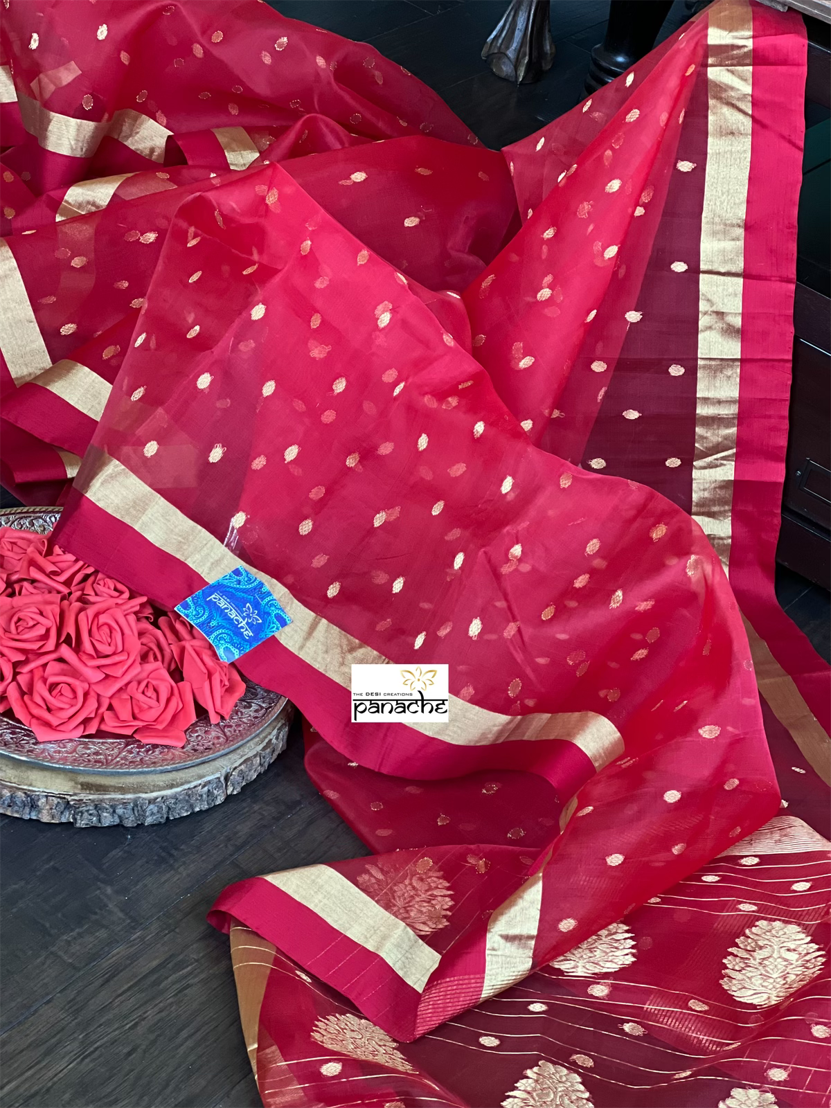Pure Chanderi Organza Silk - Red Golden Zari