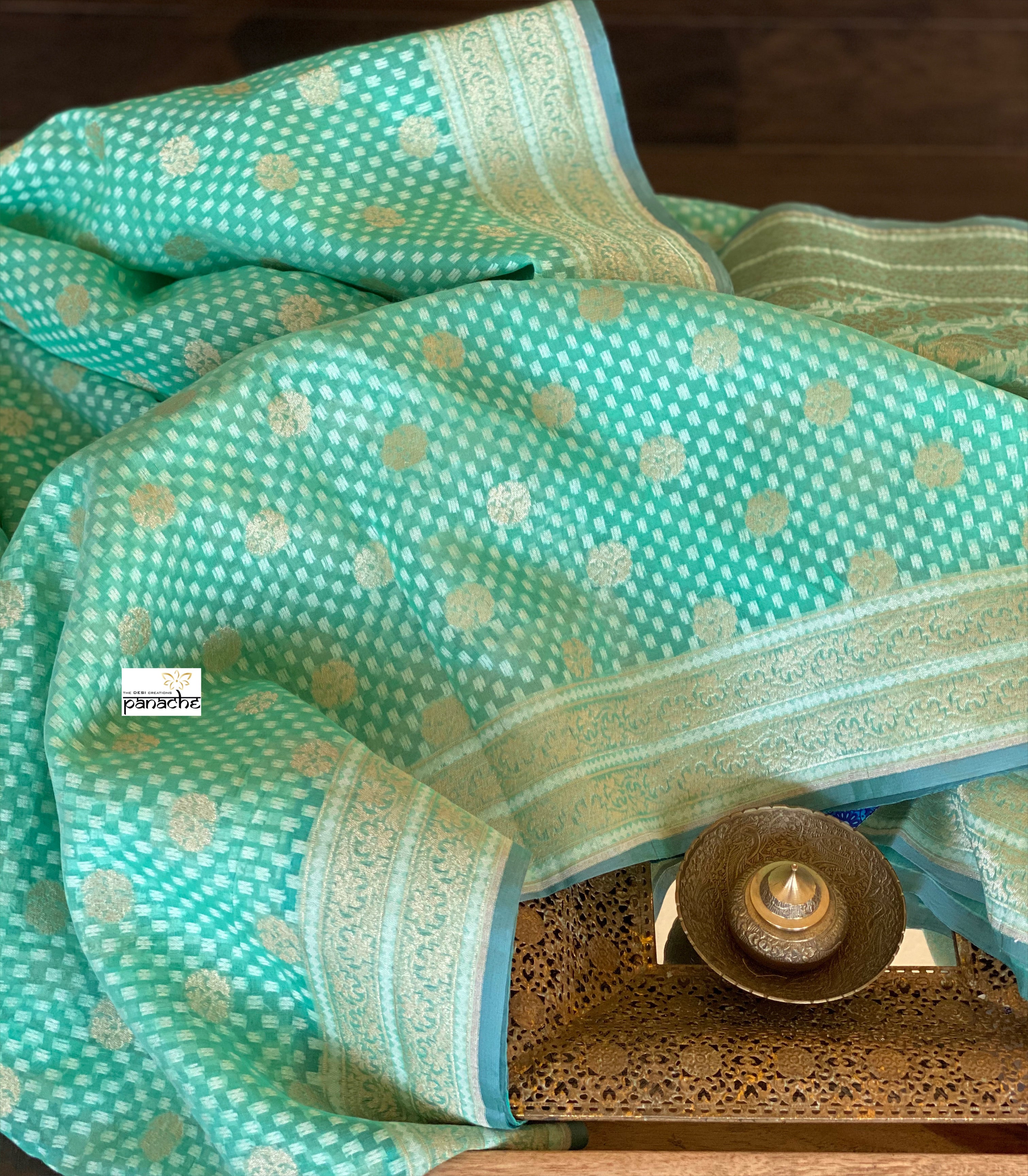 Silk Cotton Jamdaani Kora Banarasi - Sea Green Zari woven