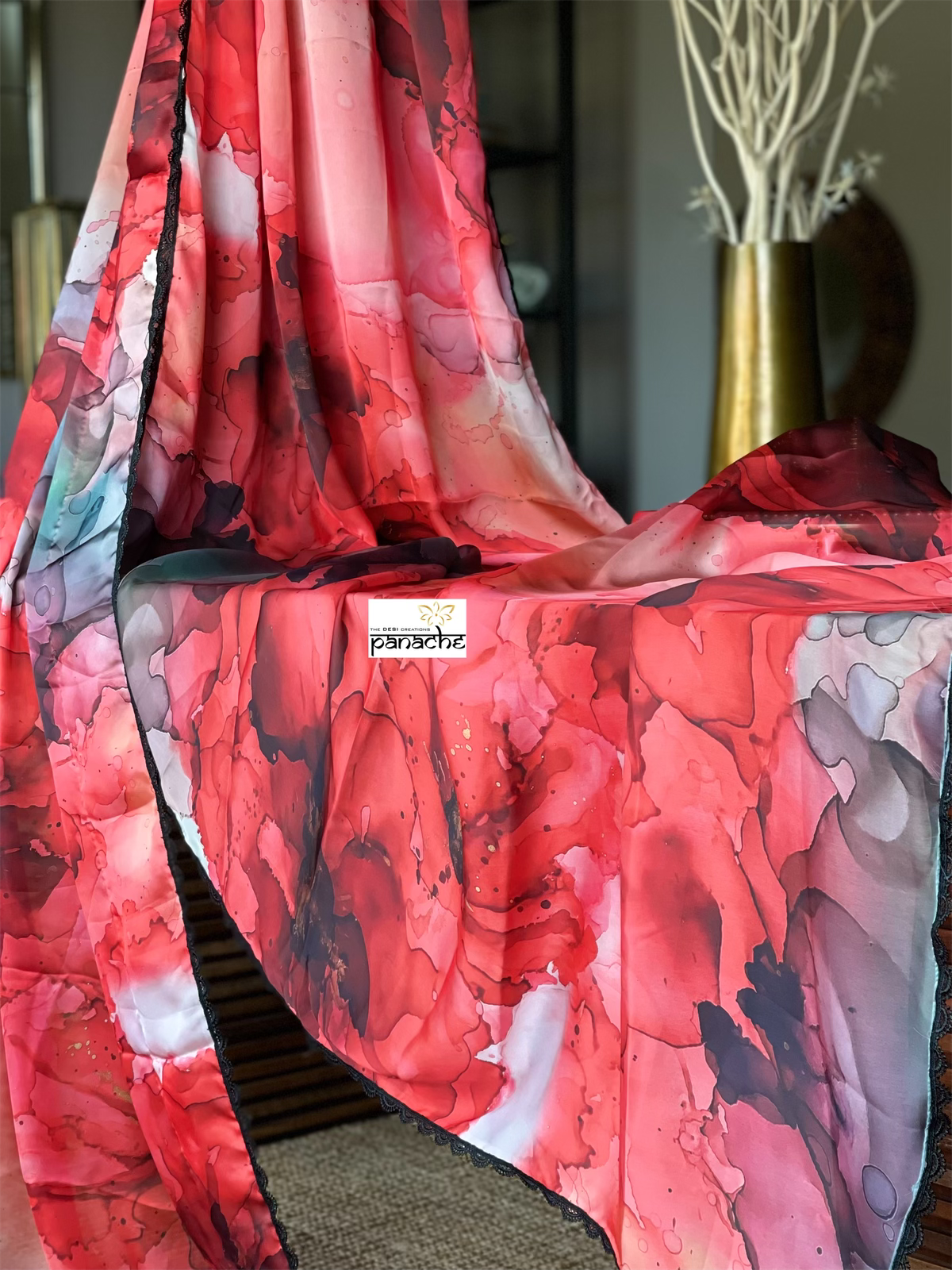 Designer Satin Silk - Red Grey Black