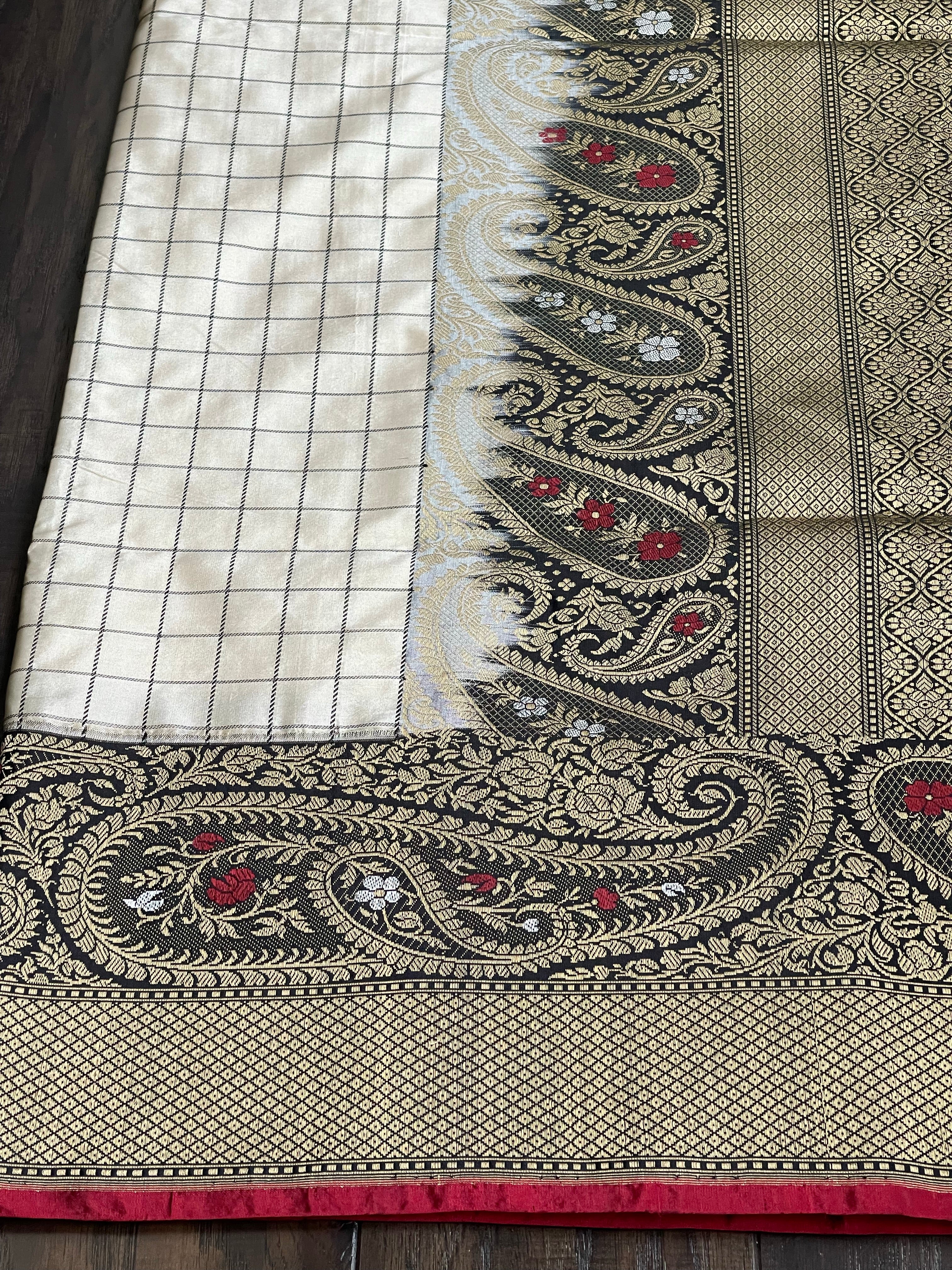 Pure Katan Silk Banarasi - Offwhite Black Checkered Kadwa Woven