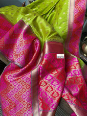 Soft Silk Banarasi - Lime Green Magenta Antique Golden Zari