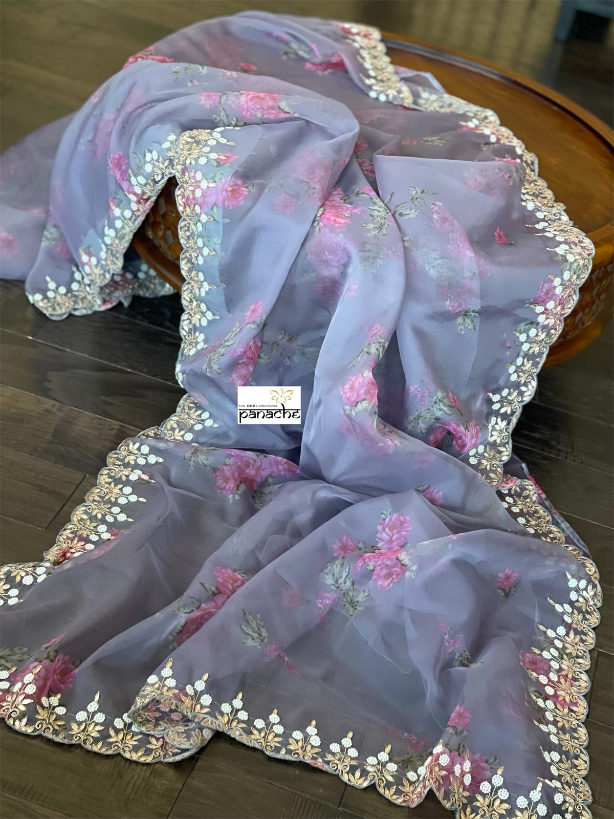 Designer Organza Floral - Bluish Grey Handwork Border